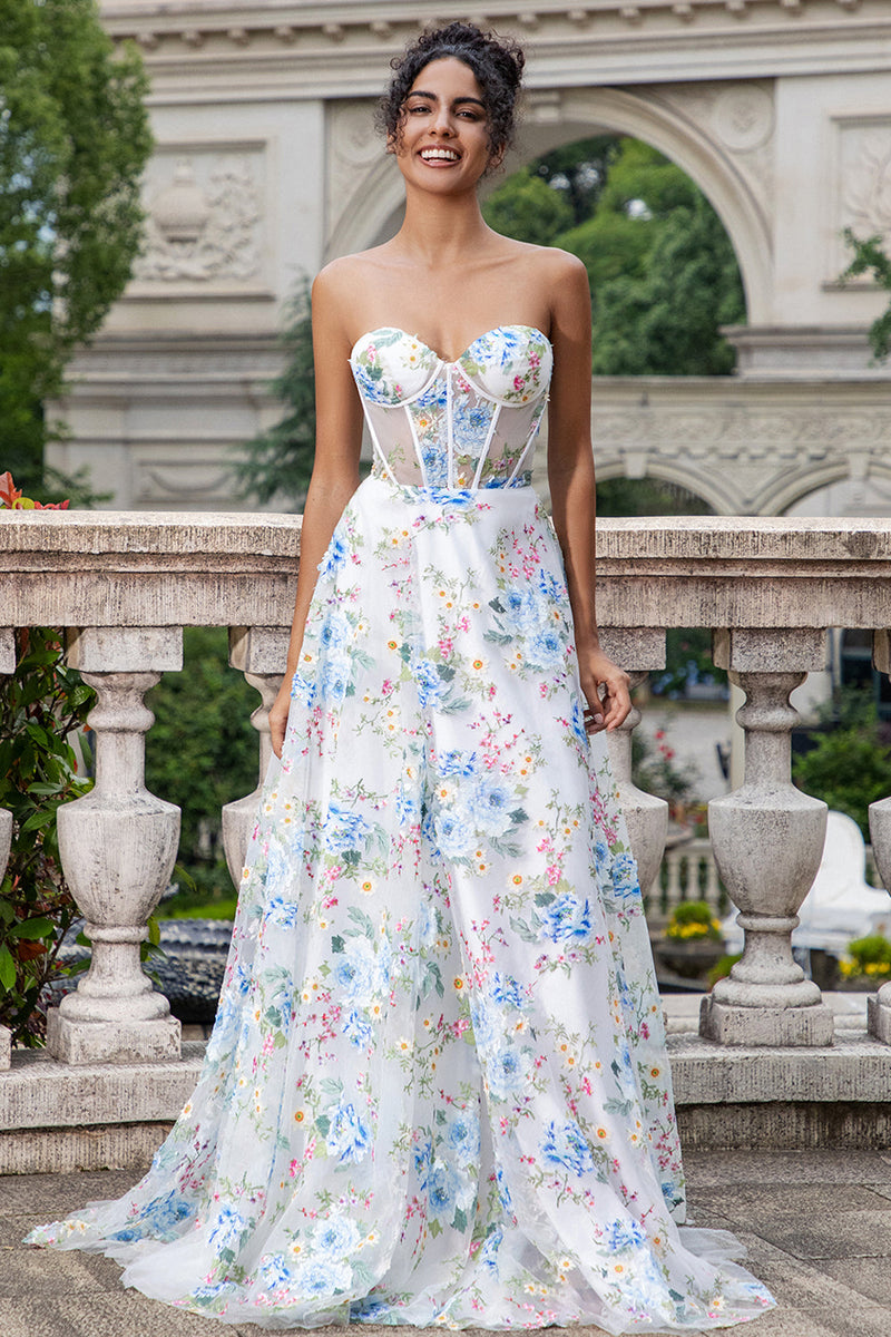 Load image into Gallery viewer, White Blue Flower A Line Sweetheart Corset Long Prom Dress with Slit