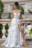 Load image into Gallery viewer, White Blue Flower A Line Sweetheart Corset Long Prom Dress with Slit