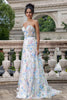 Load image into Gallery viewer, White Blue Flower A Line Sweetheart Corset Long Prom Dress with Slit