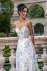 Load image into Gallery viewer, White Blue Flower A Line Sweetheart Corset Long Prom Dress with Slit