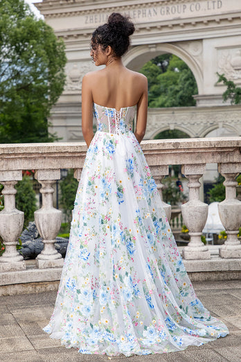 White Blue Flower A Line Sweetheart Corset Long Prom Dress with Slit