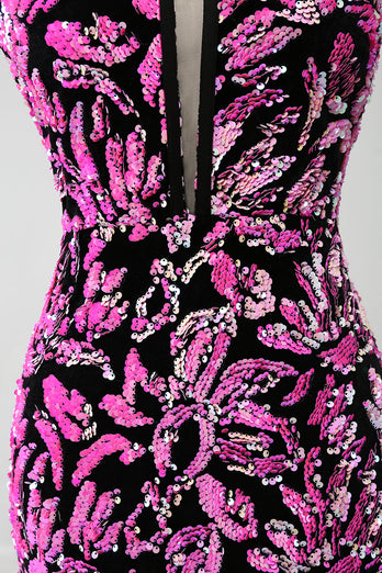 Sparkly Mermaid Fuchsia Black Sequin Prom Dress With Side Slit