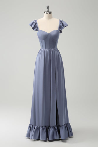 Convertible Grey Blue A Line Backless Corset Chiffon Bridesmaid Dress