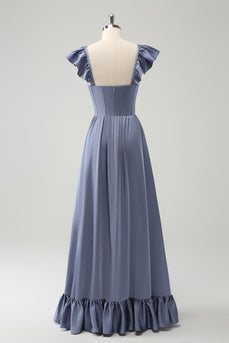 Convertible Grey Blue A Line Backless Corset Chiffon Bridesmaid Dress