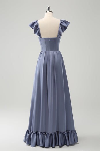 Convertible Grey Blue A Line Backless Corset Chiffon Bridesmaid Dress