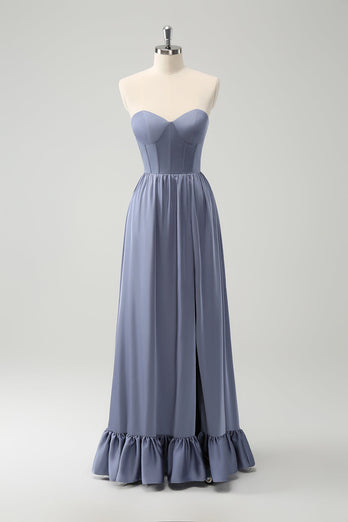 Convertible Grey Blue A Line Backless Corset Chiffon Bridesmaid Dress