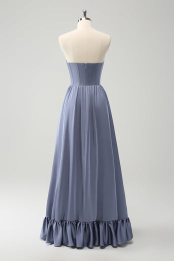 Convertible Grey Blue A Line Backless Corset Chiffon Bridesmaid Dress