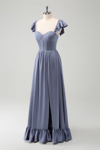 Convertible Grey Blue A Line Backless Corset Chiffon Bridesmaid Dress