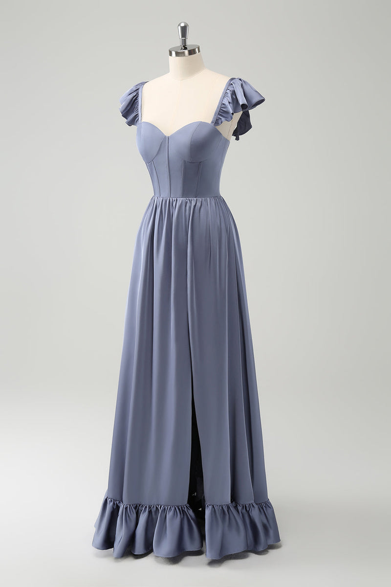 Load image into Gallery viewer, Convertible Grey Blue A Line Backless Corset Chiffon Bridesmaid Dress