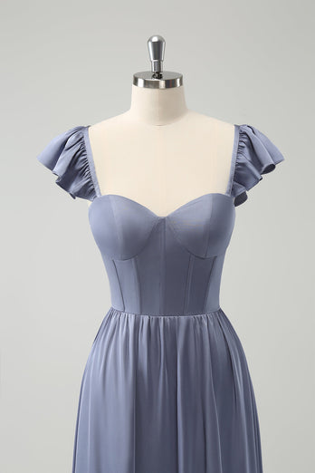 Convertible Grey Blue A Line Backless Corset Chiffon Bridesmaid Dress