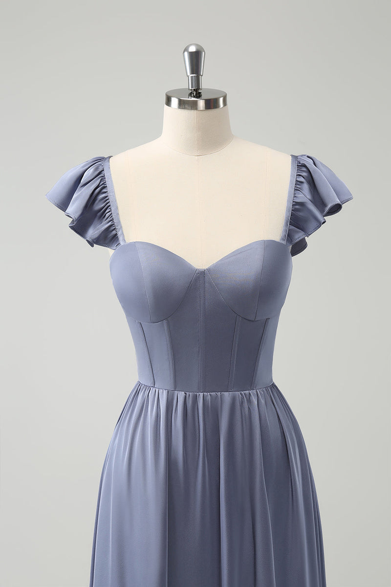 Load image into Gallery viewer, Convertible Grey Blue A Line Backless Corset Chiffon Bridesmaid Dress