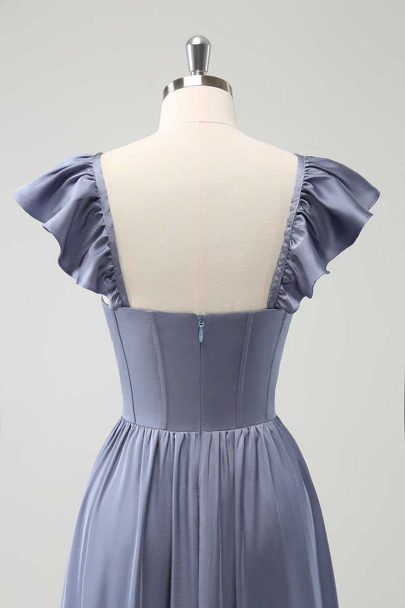 Load image into Gallery viewer, Convertible Grey Blue A Line Backless Corset Chiffon Bridesmaid Dress