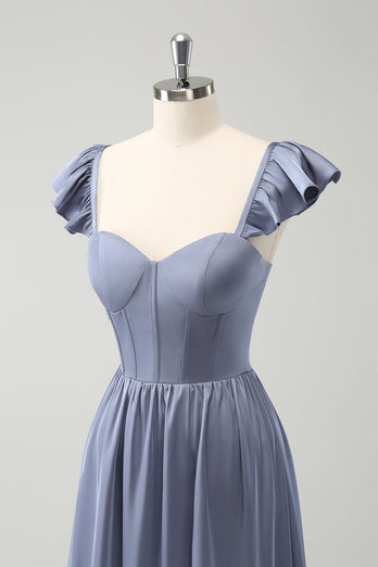 Convertible Grey Blue A Line Backless Corset Chiffon Bridesmaid Dress