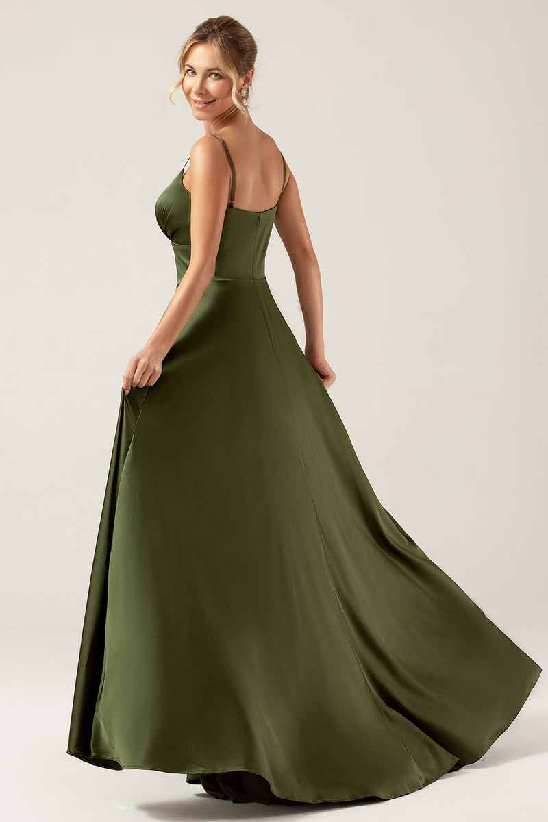 Load image into Gallery viewer, A-Line Spaghetti Straps Olive Satin Long Bridesmaid Dress with Slit