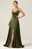 Load image into Gallery viewer, A-Line Spaghetti Straps Olive Satin Long Bridesmaid Dress with Slit