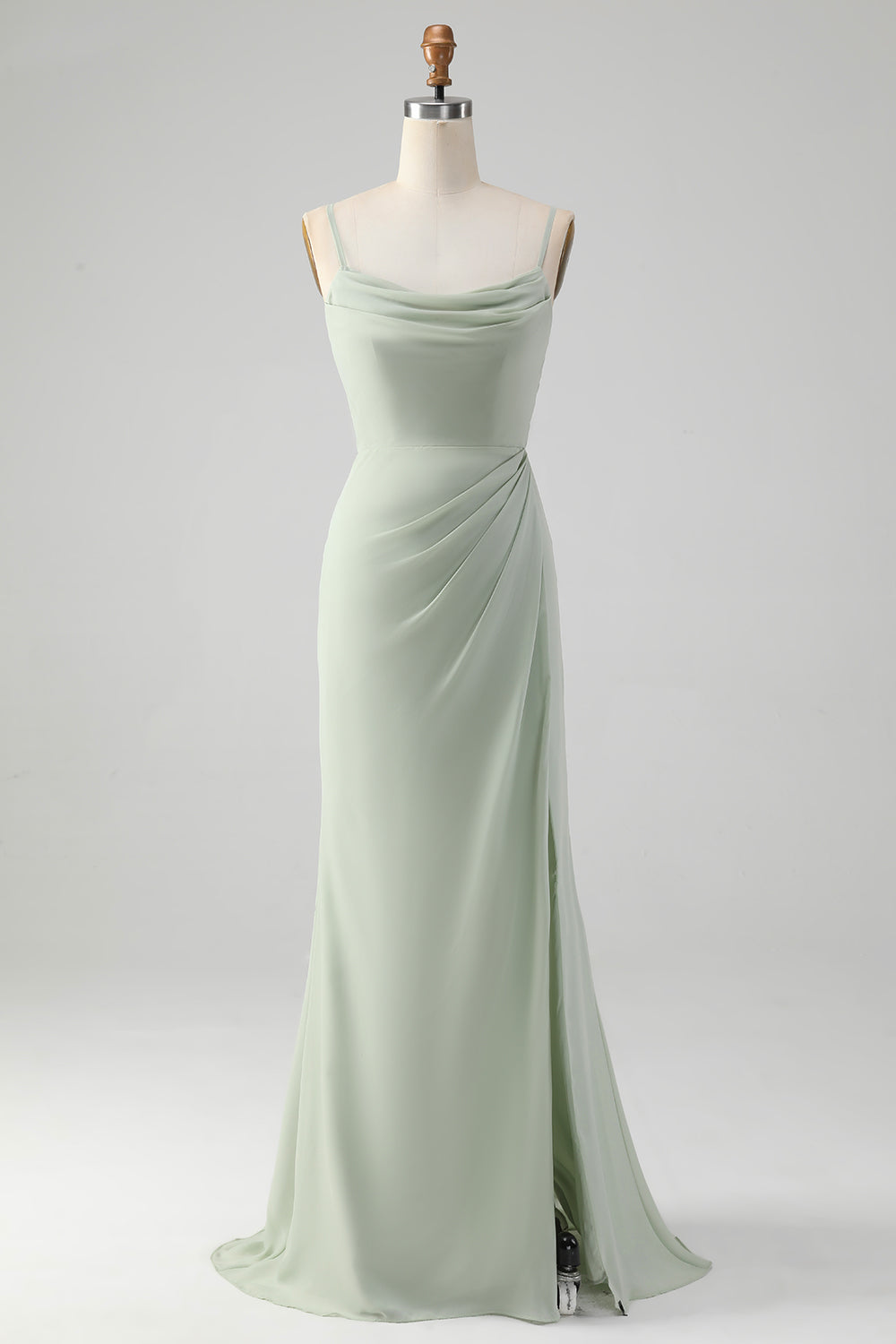 Matcha Cowl Neck Long Bridesmaid Dress with Lace Up Back