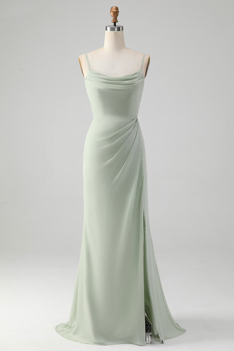 Load image into Gallery viewer, A Line Spaghetti Straps Matcha Long Bridesmaid Dress with Lace Up Back