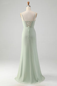 Matcha Cowl Neck Long Bridesmaid Dress with Lace Up Back