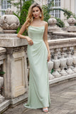 A Line Spaghetti Straps Matcha Long Bridesmaid Dress with Lace Up Back
