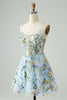 Load image into Gallery viewer, Elegant Blue Flower A Line Corset Short Graduation Dress with Embroidery