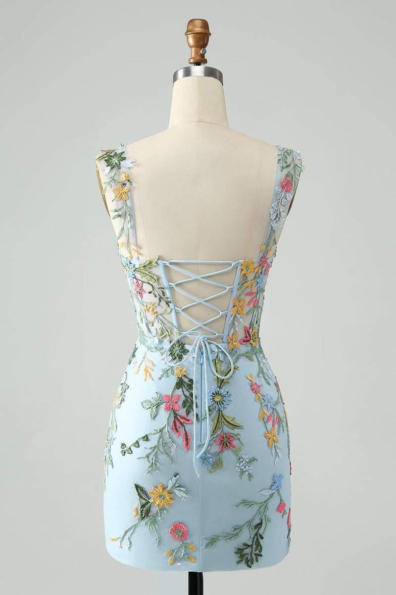 Load image into Gallery viewer, Blue Flower Bodycon Off the Shoulder Embroidered Short Graduation Dress