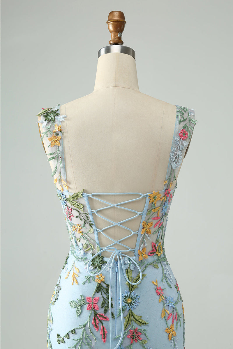 Load image into Gallery viewer, Blue Flower Bodycon Off the Shoulder Embroidered Short Graduation Dress