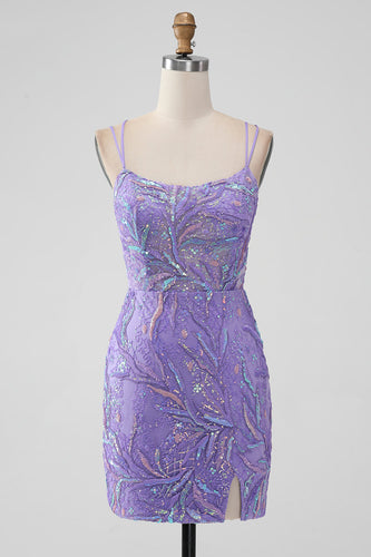 Sparkly Lilac Bodycon Sequins Appliques Short Homecoming Dress with Slit