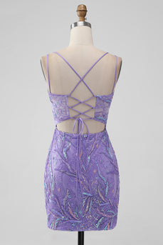 Sparkly Lilac Bodycon Sequins Appliques Short Graduation Dress with Slit