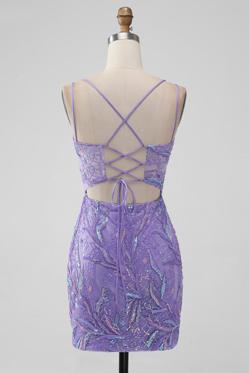 Load image into Gallery viewer, Sparkly Lilac Bodycon Sequins Appliques Short Graduation Dress with Slit