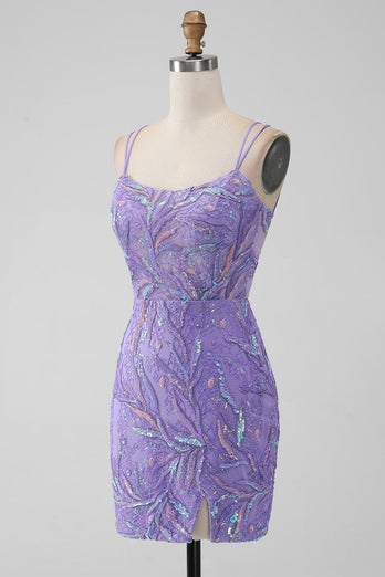 Sparkly Lilac Bodycon Sequins Appliques Short Graduation Dress with Slit