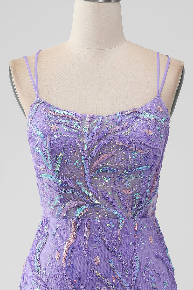 Load image into Gallery viewer, Sparkly Lilac Bodycon Sequins Appliques Short Graduation Dress with Slit