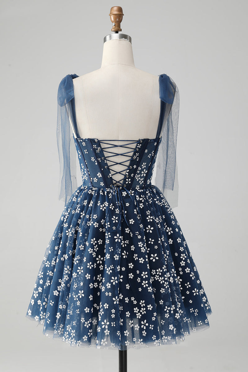 Load image into Gallery viewer, Navy A Line Spaghetti Straps Print Corset Short Graduation Dress