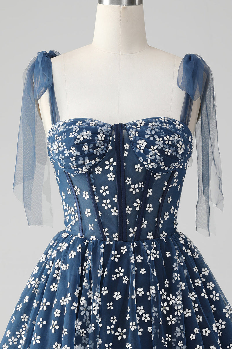 Load image into Gallery viewer, Navy A Line Spaghetti Straps Print Corset Short Graduation Dress