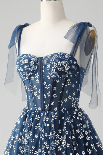 Navy A Line Spaghetti Straps Print Corset Short Graduation Dress