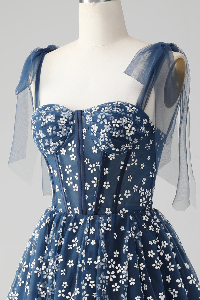 Load image into Gallery viewer, Navy A Line Spaghetti Straps Print Corset Short Graduation Dress