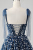 Load image into Gallery viewer, Navy A Line Spaghetti Straps Print Corset Short Graduation Dress