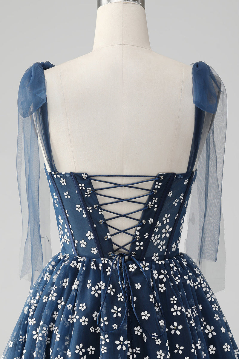 Load image into Gallery viewer, Navy A Line Spaghetti Straps Print Corset Short Graduation Dress