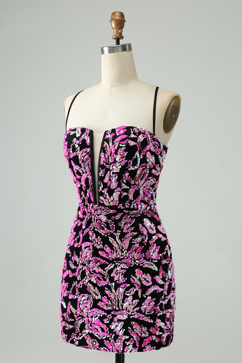 Load image into Gallery viewer, Sparkly Fuchsia Bodycon Spaghetti Straps Sequins Short Graduation Dress