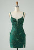 Load image into Gallery viewer, Dark Green Bodycon Spaghetti Straps Short Graduation Dress with Appliques