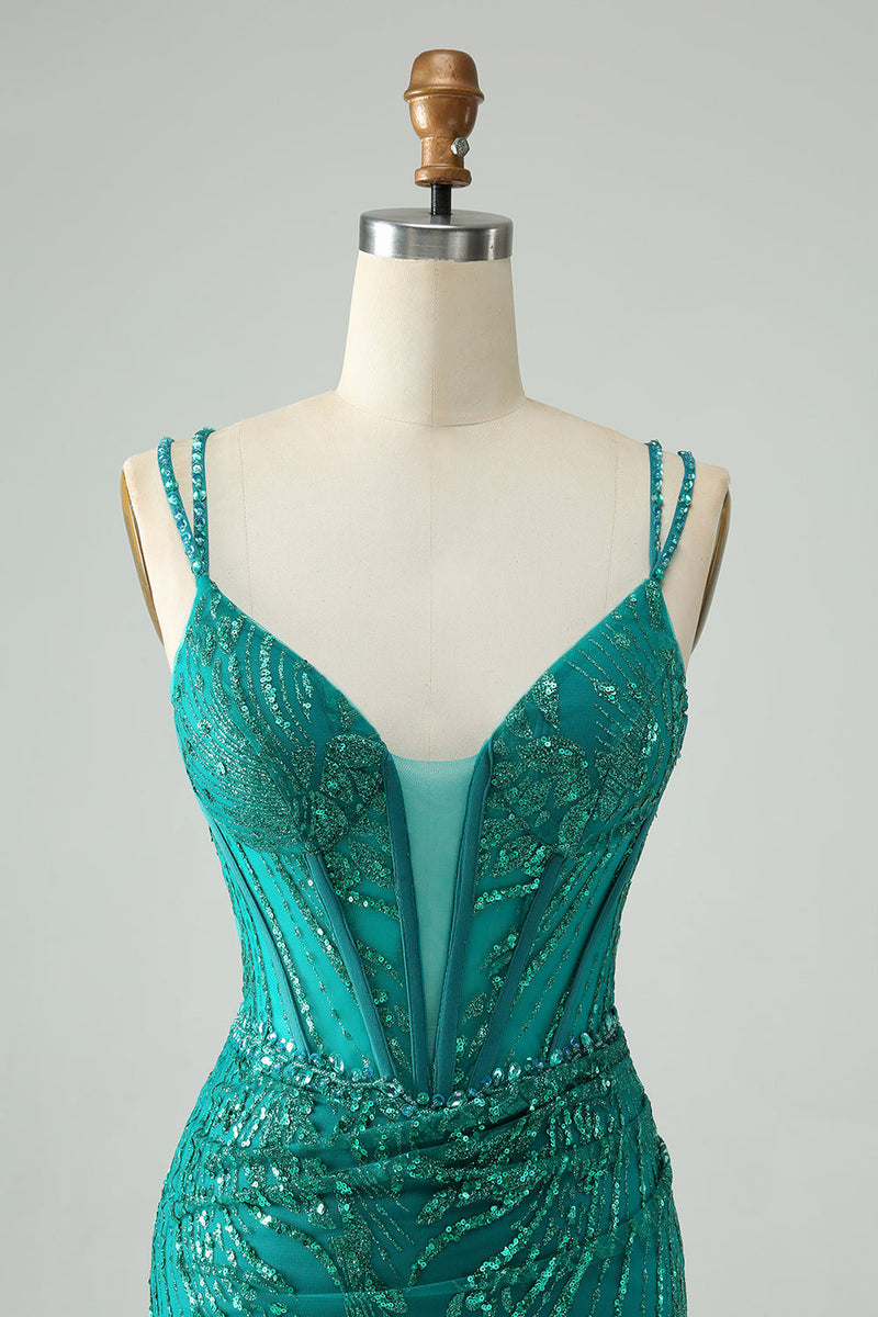 Load image into Gallery viewer, Sparkly Dark Green Bodycon Corset Short Graduation Dress with Sequins