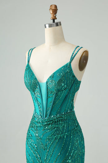 Sparkly Dark Green Bodycon Corset Short Graduation Dress with Sequins