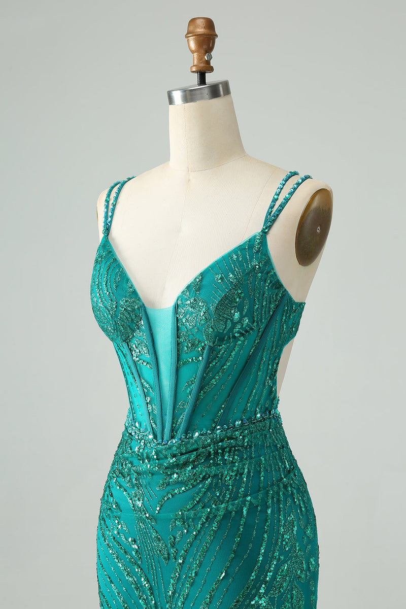 Load image into Gallery viewer, Sparkly Dark Green Bodycon Corset Short Graduation Dress with Sequins