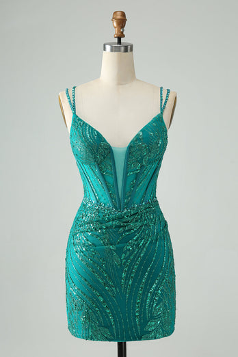 Sparkly Dark Green Bodycon Corset Short Graduation Dress with Sequins