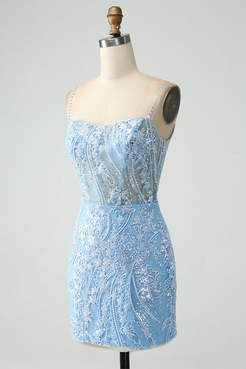 Load image into Gallery viewer, Sparkly Sky Blue Spaghetti Straps Beaded Short Graduation Dress