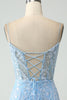 Load image into Gallery viewer, Sparkly Sky Blue Spaghetti Straps Beaded Short Graduation Dress