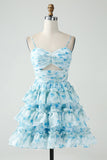 A-Line Tiered Blue Floral Cut Out Short Graduation Dress