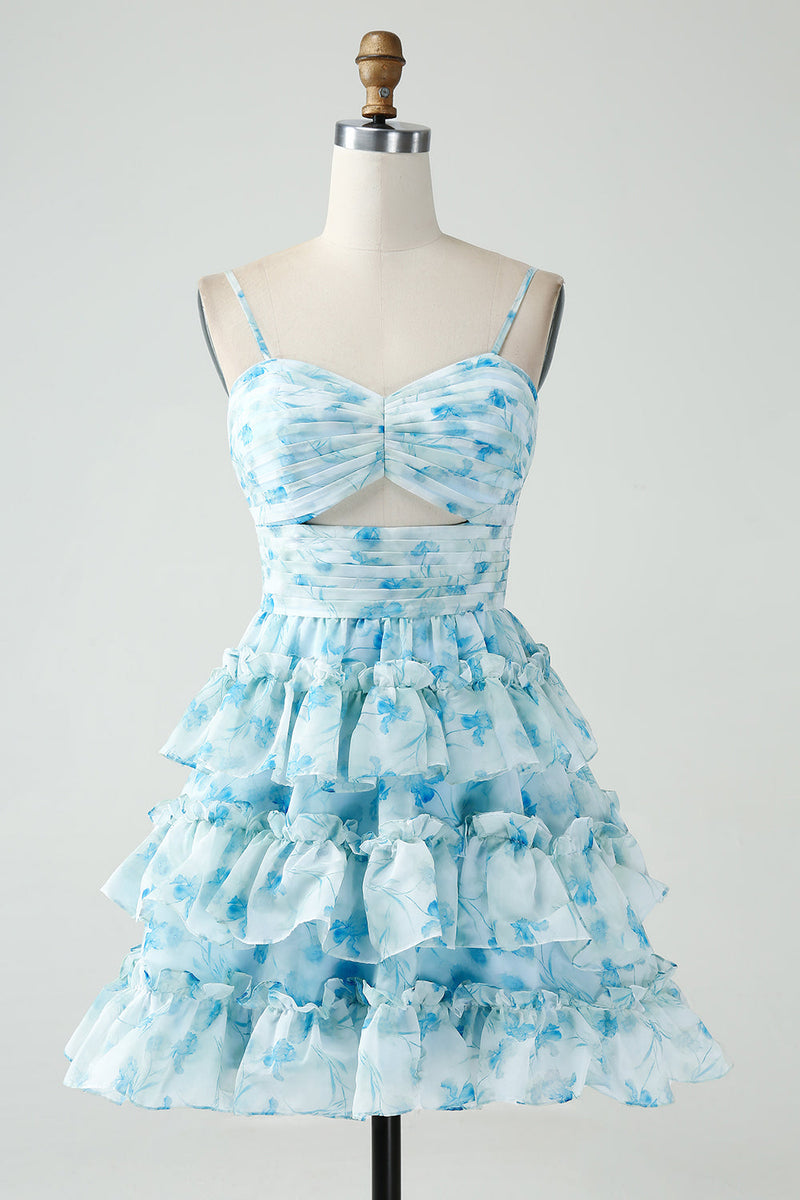 Load image into Gallery viewer, A-Line Spaghetti Straps Tiered Blue Floral Short Graduation Dress