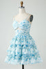 Load image into Gallery viewer, A-Line Spaghetti Straps Tiered Blue Floral Short Graduation Dress