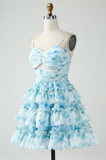 A-Line Spaghetti Straps Tiered Blue Floral Short Graduation Dress