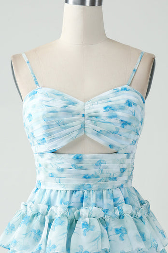 A-Line Spaghetti Straps Tiered Blue Floral Short Graduation Dress